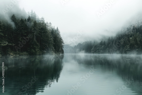 Lake surrounded by trees, enveloped in foggy mist, creating a serene and mystical atmosphere.