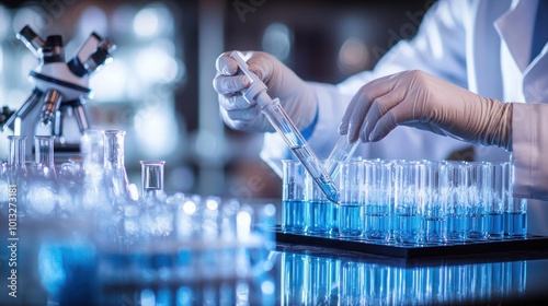 A scientist in a lab coat and gloves carefully pipettes a blue liquid into a test tube. The lab is equipped with a microscope and many other test tubes, all filled with blue liquid. photo