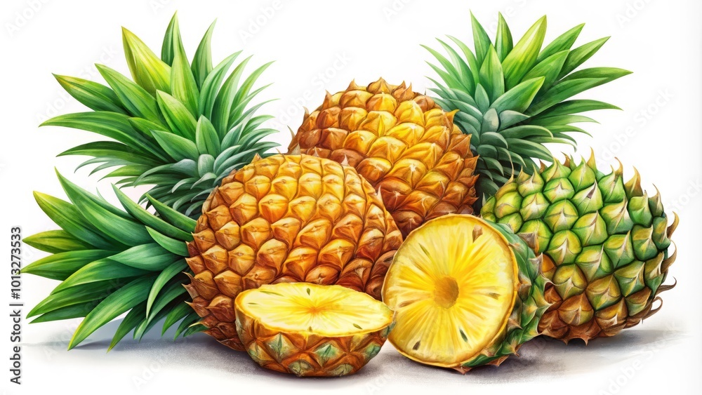 Colorful illustration of a pineapple, featuring whole and sliced segments, ideal for culinary, tropical, and Colorful illustration of a pineapple, featuring whole and sliced segments, ideal for culinary, tropical, and