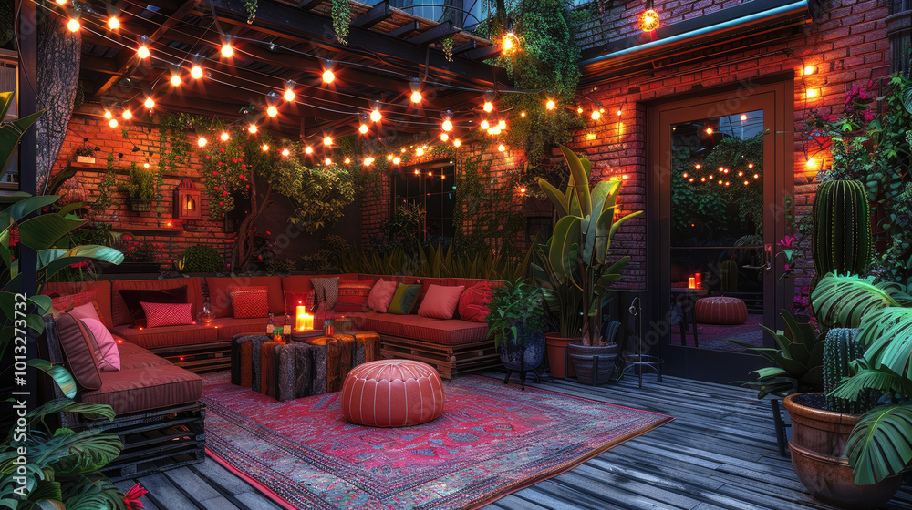 A cozy, bohemian-style outdoor patio with string lights, lush greenery, comfortable seating, and decorative accents. A cozy, bohemian-style outdoor patio with string lights, lush greenery, comfortable seating, and decorative accents.