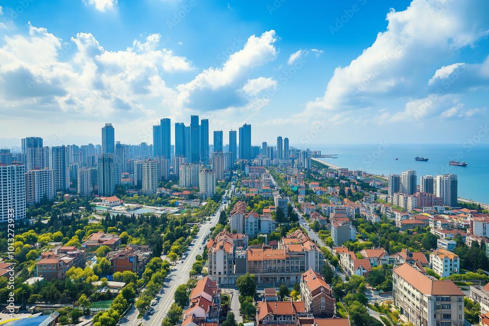 Naklejka premium Aerial View of City Skyline with Skyscrapers and Buildings