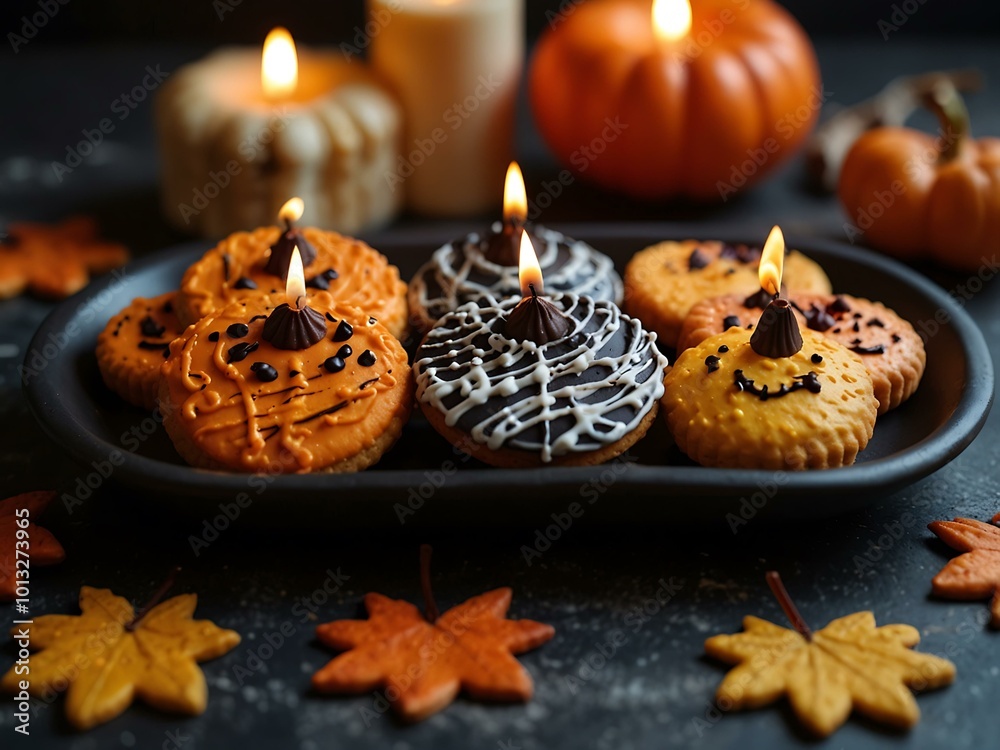 Spooky Halloween treats and candles arranged on a dark table with colorful cookies and autumn decor. Spooky Halloween treats and candles arranged on a dark table with colorful cookies and autumn decor.