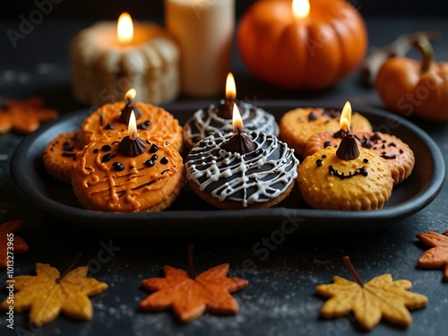 Spooky Halloween treats and candles arranged on a dark table with colorful cookies and autumn decor.