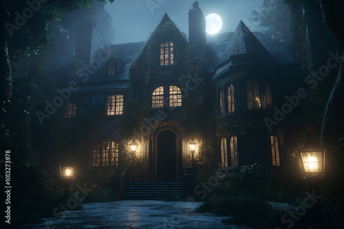 Halloween theme of a haunted house at night. A large, dark house with cracked windows and ivy-covered walls, illuminated by moonlight. The house is surrounded by dense, foggy trees