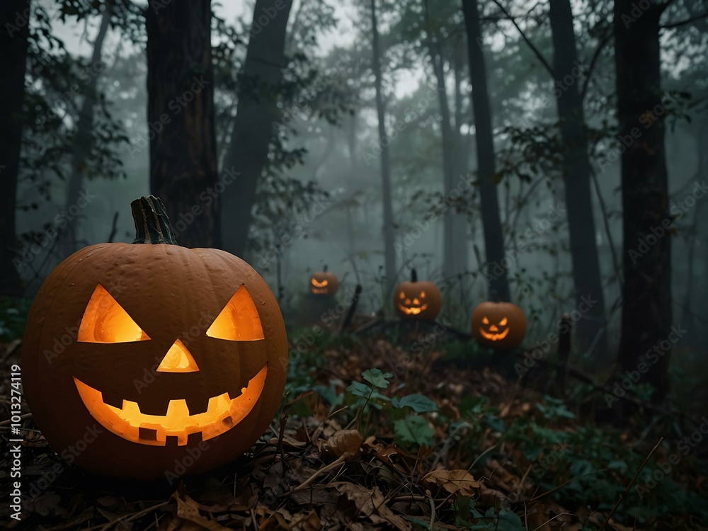 Spooky jack-o'-lanterns in foggy woods Spooky jack-o'-lanterns in foggy woods