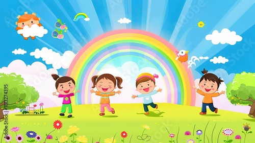 Cute Cartoon Rainbow Background for Children's Day - a delightful and colorful visual. The cute cartoon rainbow backdrop is perfect for celebrating Children's Day
