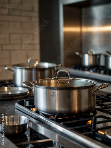 Stainless steel pots on a modern kitchen stove.