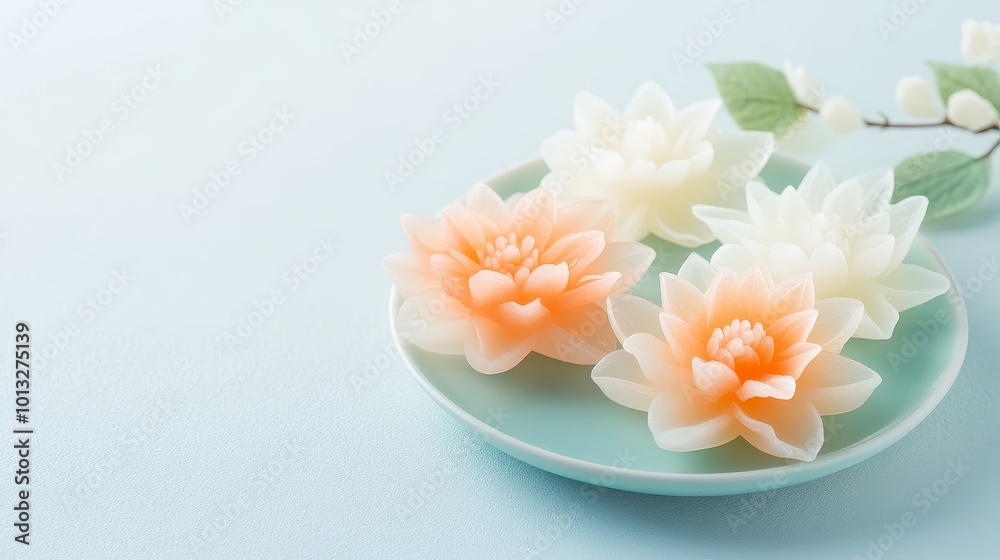 Obraz premium Thai floral jelly desserts on a ceramic plate, pastel hues, intricate textures, showcasing elegant craftsmanship and cultural delicacy
