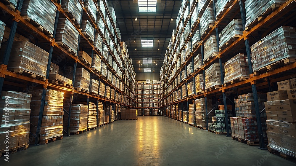 A wide shot of a massive warehouse with towering shelves stacked high with pallets of goods, industrial lighting casting soft shadows, rows of inventory stretching into the distance, A wide shot of a massive warehouse with towering shelves stacked high with pallets of goods, industrial lighting casting soft shadows, rows of inventory stretching into the distance,