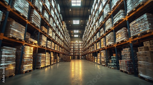 A wide shot of a massive warehouse with towering shelves stacked high with pallets of goods, industrial lighting casting soft shadows, rows of inventory stretching into the distance,