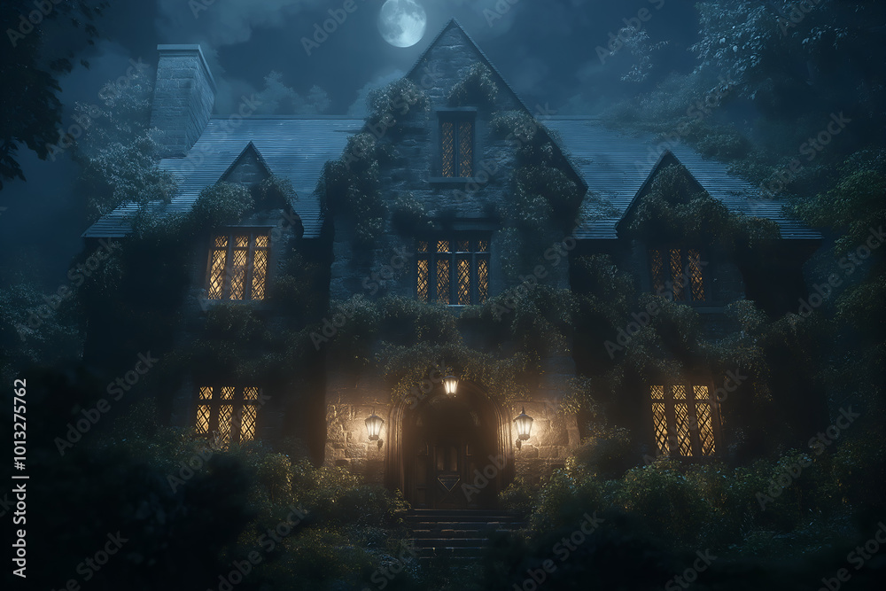 Halloween theme of a haunted house at night. A large, dark house with cracked windows and ivy-covered walls, illuminated by moonlight. The house is surrounded by dense, foggy trees Halloween theme of a haunted house at night. A large, dark house with cracked windows and ivy-covered walls, illuminated by moonlight. The house is surrounded by dense, foggy trees