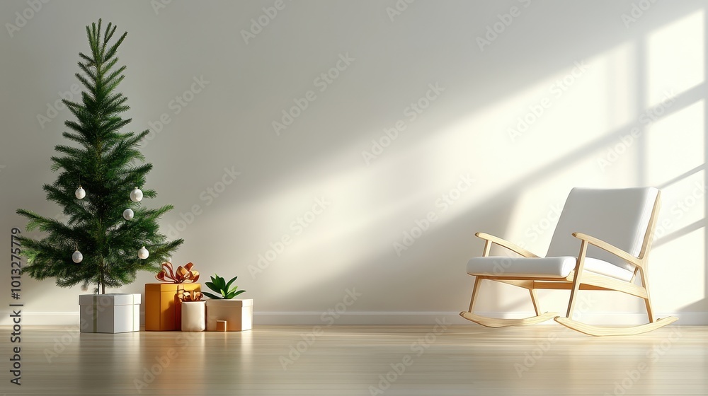 Nursery rocking chair next to a small Christmas tree, soft holiday decor Nursery rocking chair next to a small Christmas tree, soft holiday decor