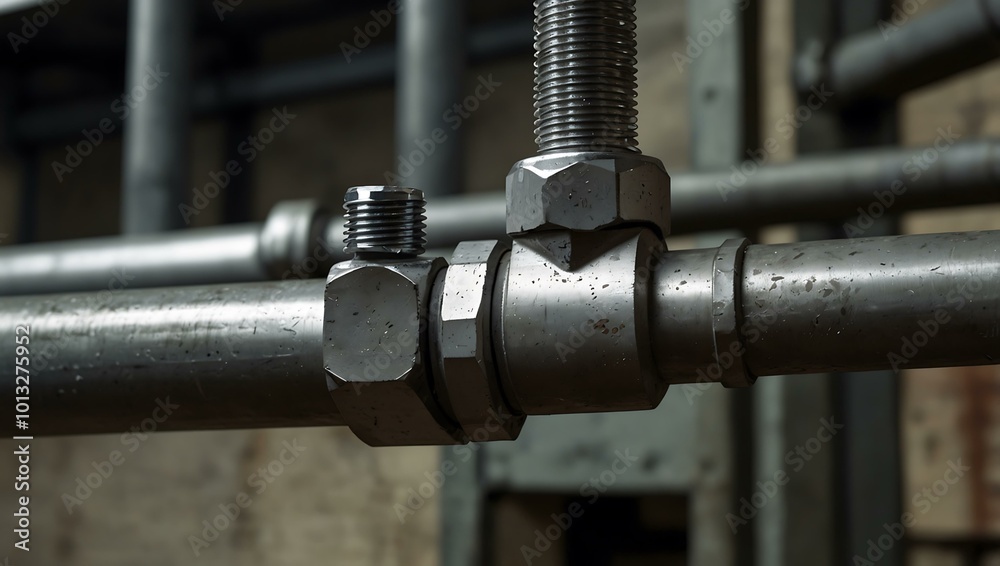 Steel pipe connection with nuts and bolts in an industrial setting. Steel pipe connection with nuts and bolts in an industrial setting.