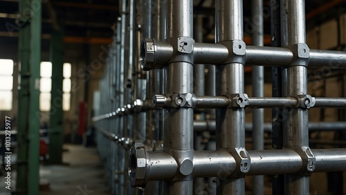 Steel pipe connection with nuts and bolts in an industrial setting.