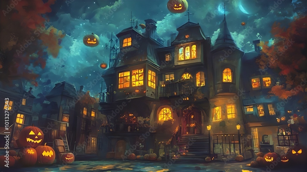 Obraz premium halloween, spooky, night, haunted, house, moon, dark, trees, cartoon, scene, glowing, illustration, ghost, autumn