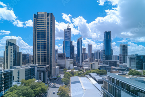 Aerial View of City Skyline with Skyscrapers and Buildings