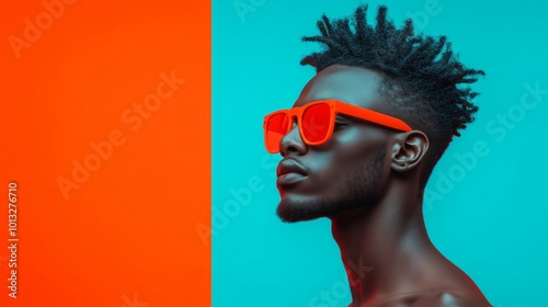 Black Stylish man with trendy hairstyle and red sunglasses posing in studio with vibrant orange and blue background exudes confidence and charm, showcasing unique personality through bold accessories