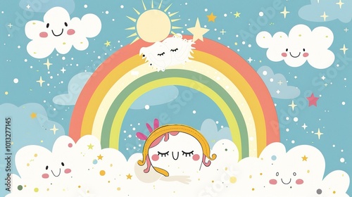 Cute Cartoon Rainbow Background for Children's Day - a delightful and colorful visual. The cute cartoon rainbow backdrop is perfect for celebrating Children's Day