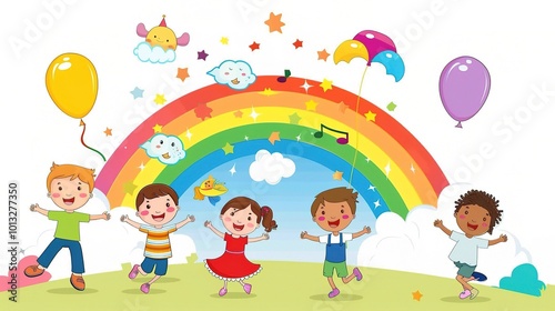 Cute Cartoon Rainbow Background for Children's Day - a delightful and colorful visual. The cute cartoon rainbow backdrop is perfect for celebrating Children's Day