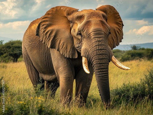 Elephant with tusks in field photo