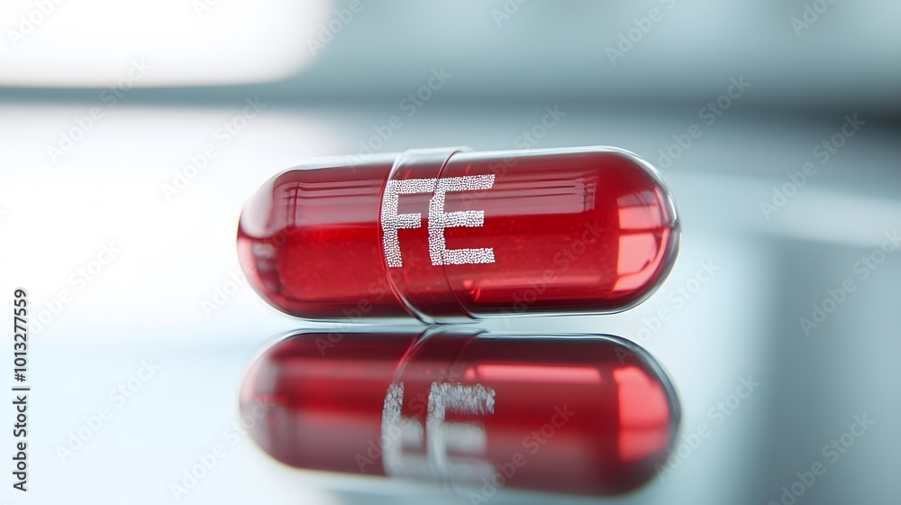 Mysterious red capsule with 'fe' label on reflective surface Mysterious red capsule with 'fe' label on reflective surface