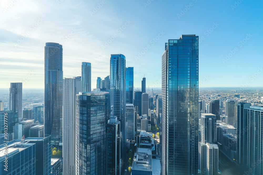 Fototapeta premium Aerial View of City Skyline with Skyscrapers and Buildings