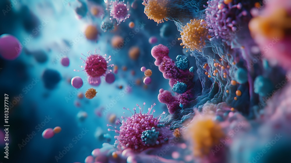 Obraz premium Microscopic view of colorful virus cells