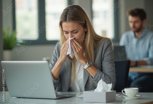 A businesswoman in a modern office sneezes into a tissue while working at her desk with a laptop.