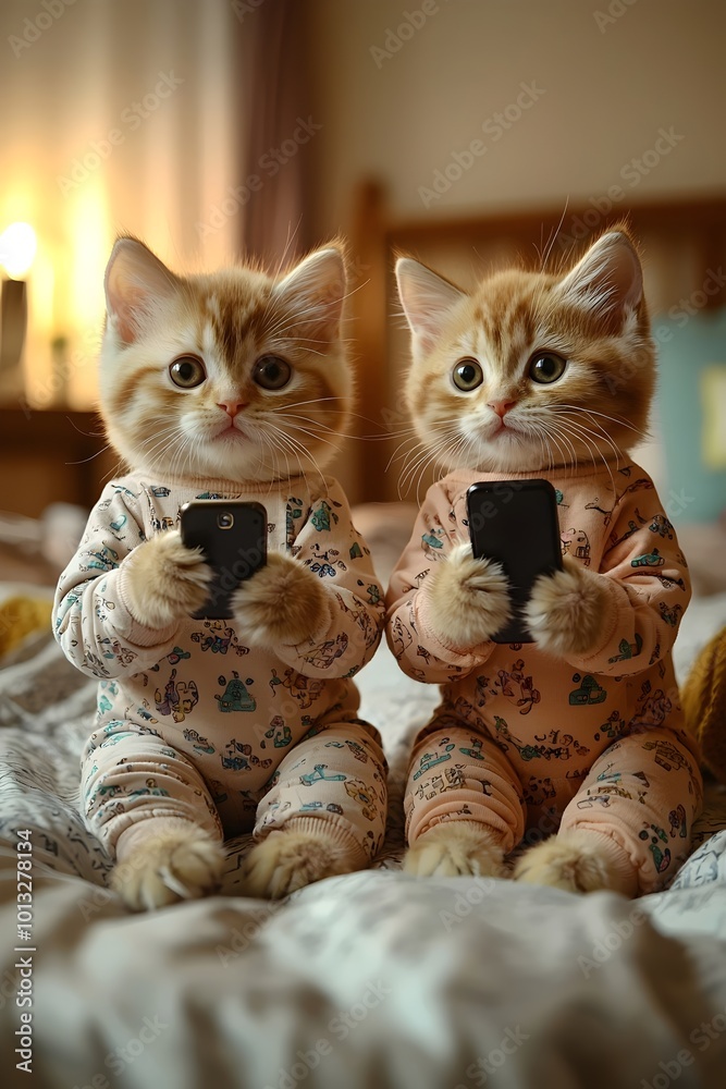 Two adorable kittens wearing matching pajamas are holding phones and looking at the camera with a serious expression.