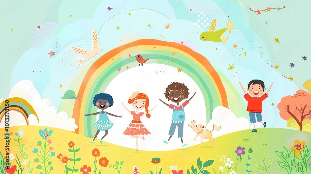 Cute Cartoon Rainbow Background for Children's Day - a delightful and colorful visual. The cute cartoon rainbow backdrop is perfect for celebrating Children's Day Cute Cartoon Rainbow Background for Children's Day - a delightful and colorful visual. The cute cartoon rainbow backdrop is perfect for celebrating Children's Day