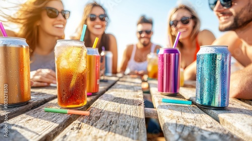 A group of friends enjoying cold sodas at a picnic table on a sunny afternoon, with soda cans and colorful straws scattered around, no trademarks