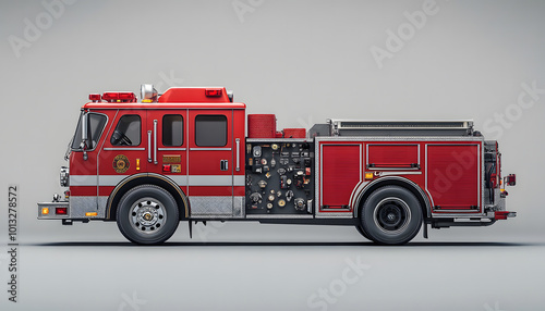 Classic Red Fire Truck with Equipment Side View Isolated on White Background design