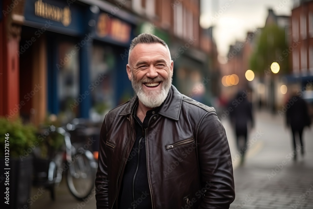 Portrait of a happy senior man in a city street at dusk Portrait of a happy senior man in a city street at dusk