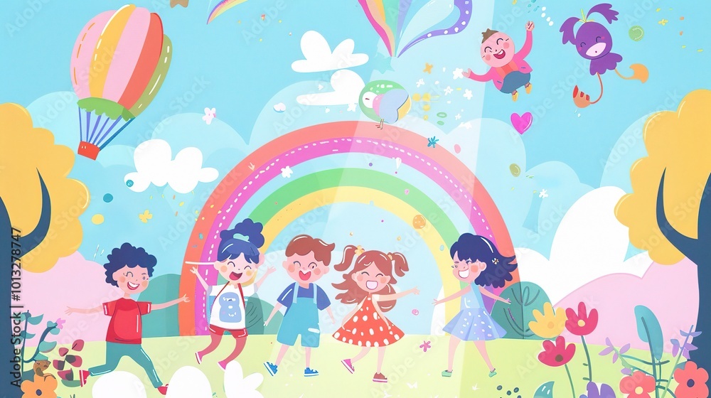Cute Cartoon Rainbow Background for Children's Day - a delightful and colorful visual. The cute cartoon rainbow backdrop is perfect for celebrating Children's Day Cute Cartoon Rainbow Background for Children's Day - a delightful and colorful visual. The cute cartoon rainbow backdrop is perfect for celebrating Children's Day