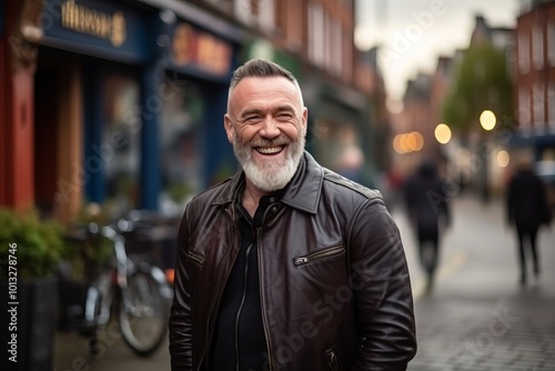 Portrait of a happy senior man in a city street at dusk