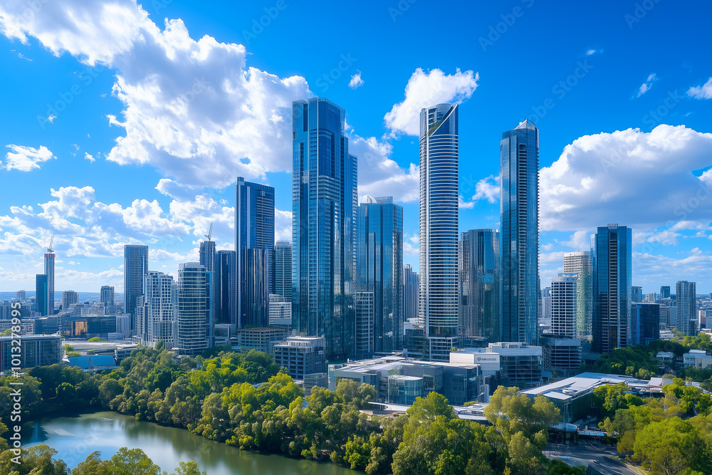 Fototapeta premium Aerial View of City Skyline with Skyscrapers and Buildings