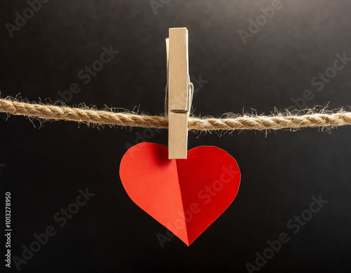 Corazon de papel rojo colgado de una cuerda con una pinza photo