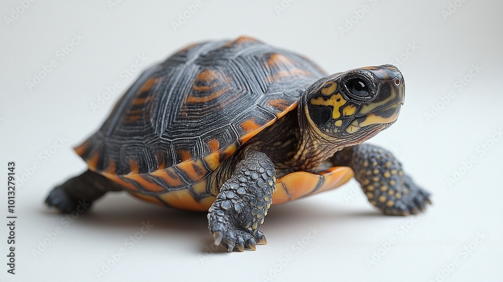A close-up of a colorful turtle on a light background. A close-up of a colorful turtle on a light background.