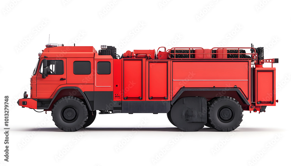 Classic Red Fire Truck with Equipment Side View Isolated on White Background design Classic Red Fire Truck with Equipment Side View Isolated on White Background design