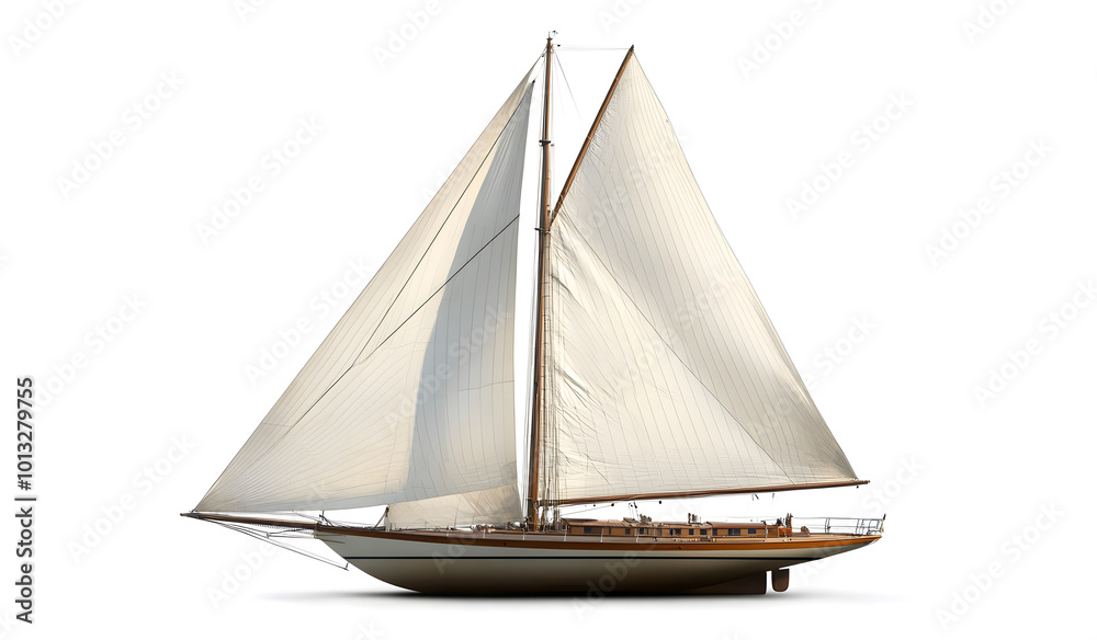 Classic Wooden Sailboat with White Sails Isolated on a White Background design Classic Wooden Sailboat with White Sails Isolated on a White Background design