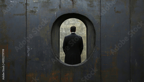 Position the camera to shoot through a large keyhole, where the person on the other side is framed, giving the photo a voyeuristic or secretive perspective