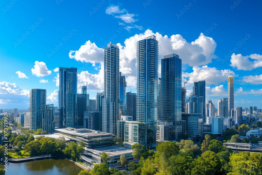 Fototapeta premium Aerial View of City Skyline with Skyscrapers and Buildings