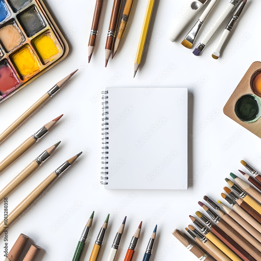 A serene still life composition featuring various art supplies such as sketchbooks, pencils, and watercolors, set against a simple white background A serene still life composition featuring various art supplies such as sketchbooks, pencils, and watercolors, set against a simple white background
