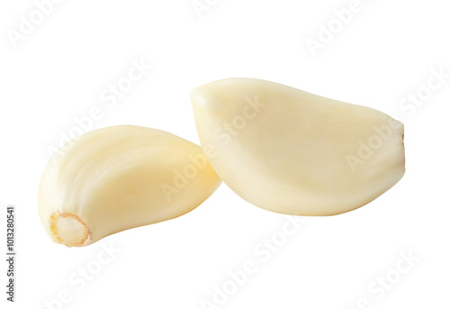 Side view of peeled garlic cloves in stack isolated with clipping path in png file format