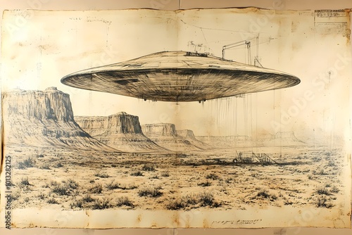 A black and white sketch of a UFO hovering over a desert landscape. The UFO is depicted in a realistic style, with intricate details.