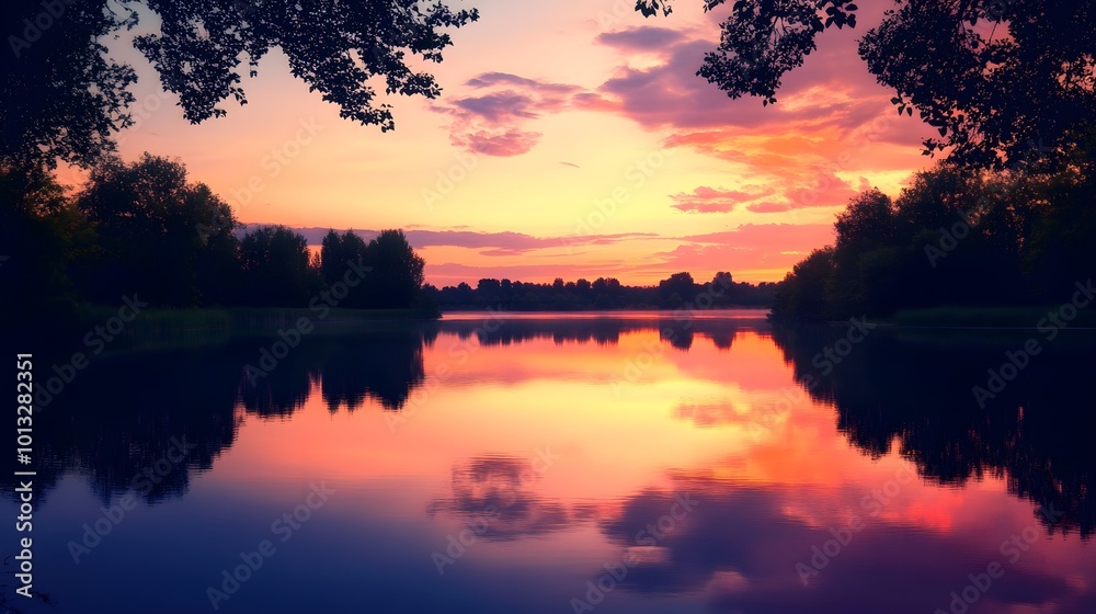 Fototapeta premium A serene landscape featuring a tranquil lake reflecting a vibrant sunset, with silhouettes of trees framing the scene, providing ample negative space for text or branding