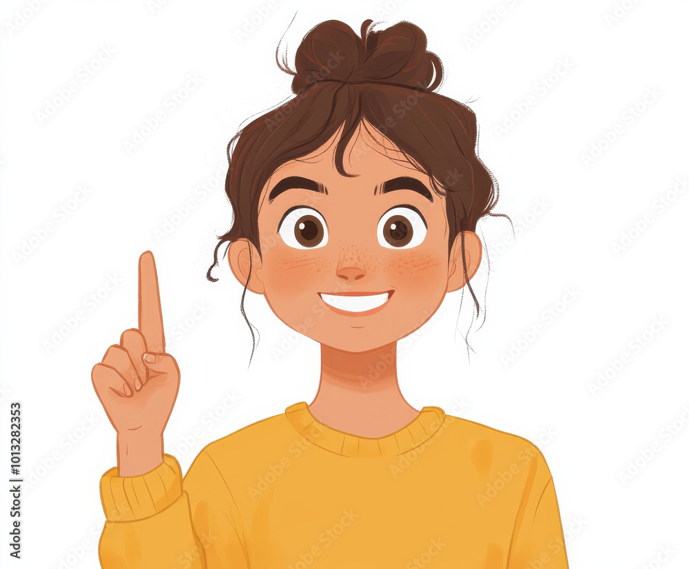 Cheerful girl with brown hair and bun, wearing yellow sweater, smiling happily Cheerful girl with brown hair and bun, wearing yellow sweater, smiling happily