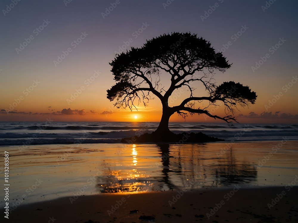 Sunset over the ocean with a silhouetted tree. Sunset over the ocean with a silhouetted tree.