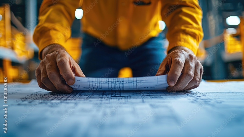 Engineer reviewing architectural blueprints in a workshop Engineer reviewing architectural blueprints in a workshop