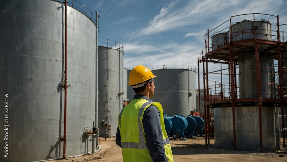 Supervisor inspecting oil storage tanks for safety and maintenance.